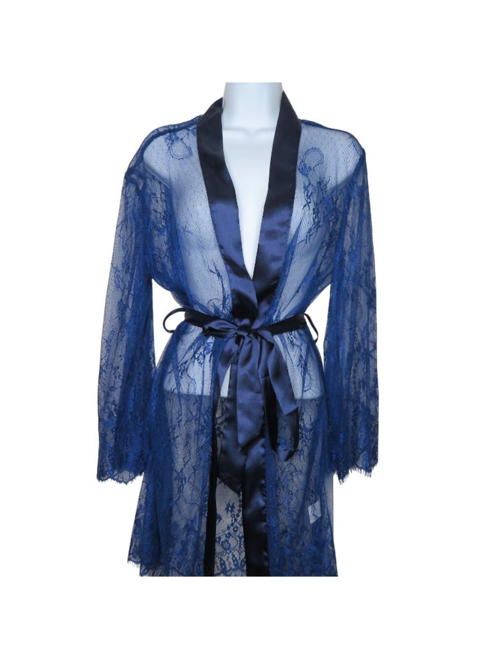 Sheer Navy Blue Lace Robe Satin Trim Belted Waist Size Small Polyester